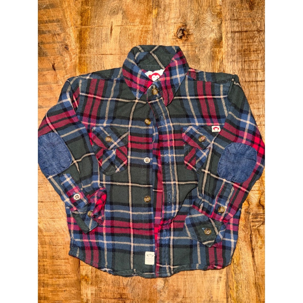 Appaman Kids 2T Plaid Flannel Button Down Shirt Blue Green Red Elbow Patches